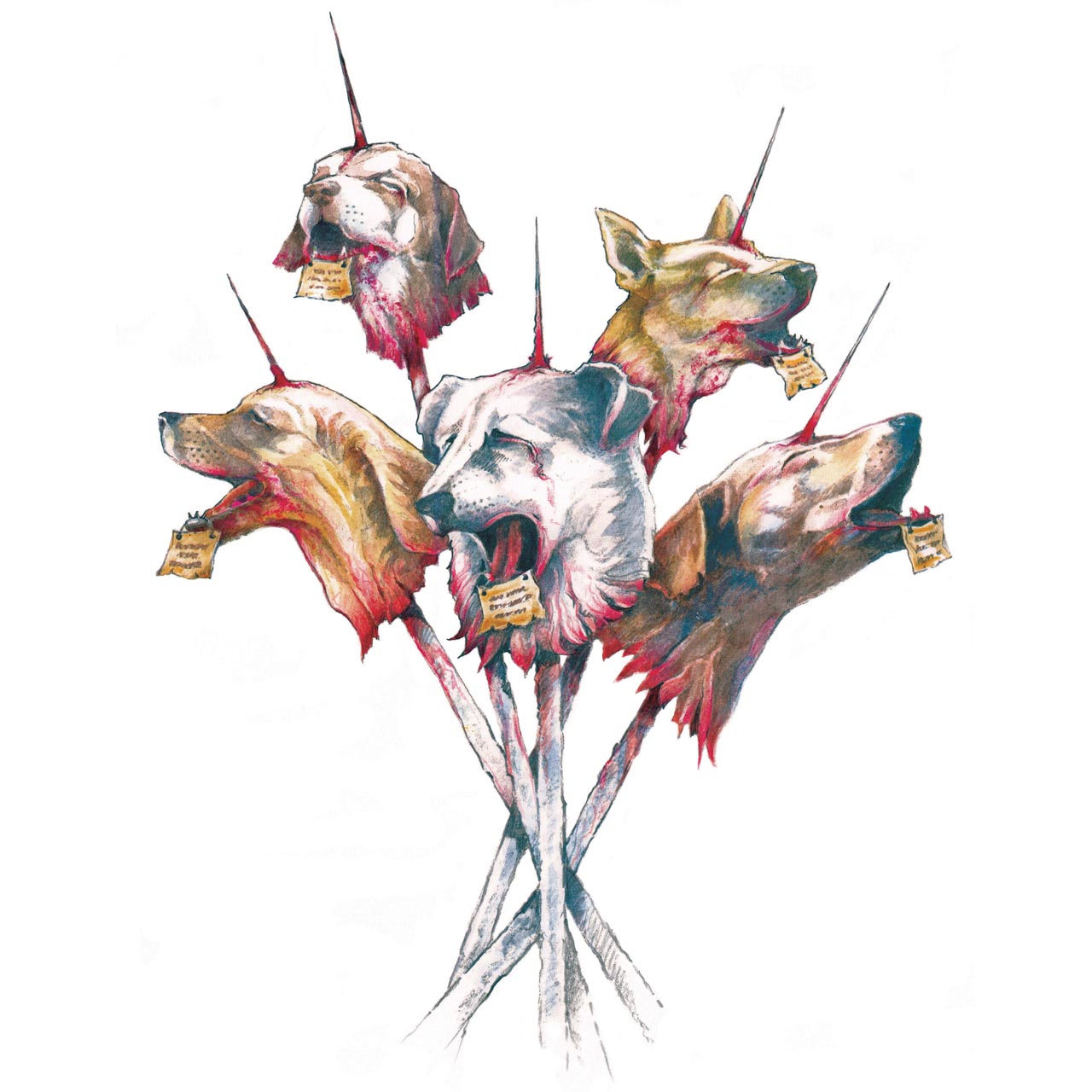 illustration of dogs heads on spikes