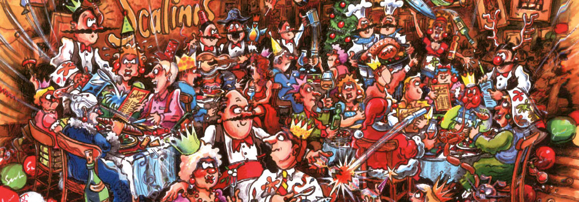 celebratory Scalini's cartoon depicting the members of staff, management and friends